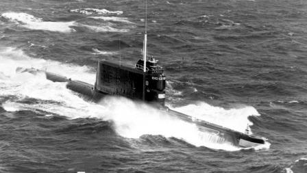 A Soviet Golf-class submarine on the surface.