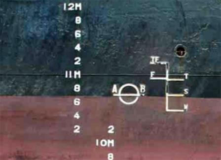 Plimsoll marks on a ship's hull.